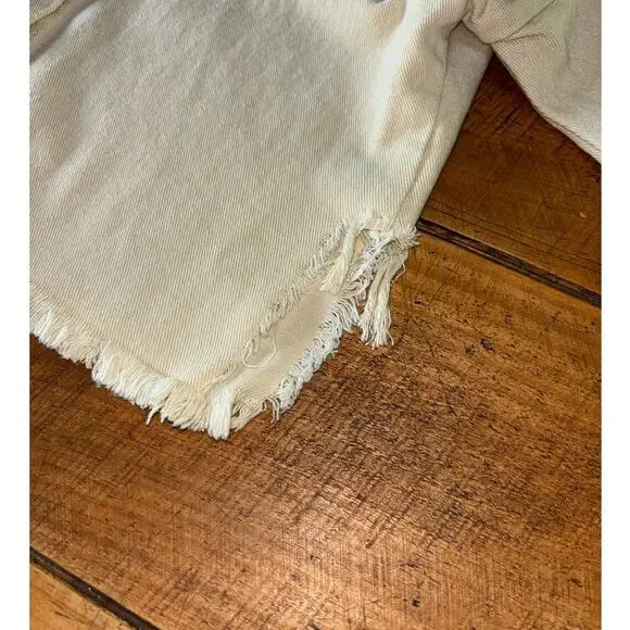 Womens POL Cream Light Beige‎ Fringe Raw Hem Cropped Denim Jacket Size M - Picture 5 of 13